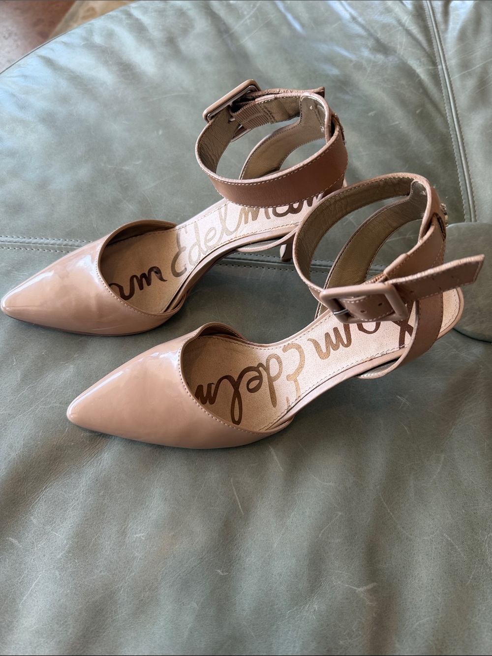 Sam Edelman Nude Patent Pointed-Toe Ankle-Strap Heels